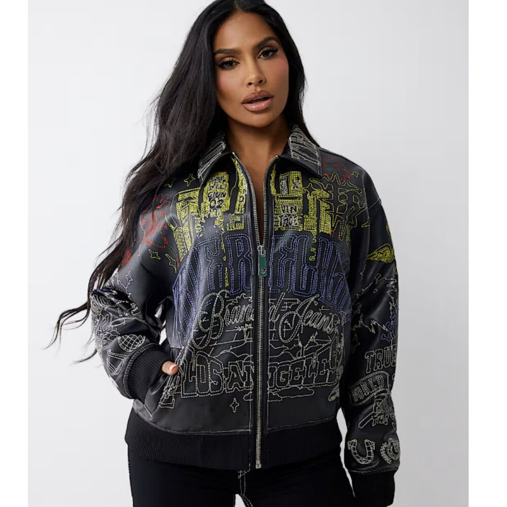 TRUE RELIGION EMBROIDERED FAUX LEATHER JACKET - SMALL BNWT